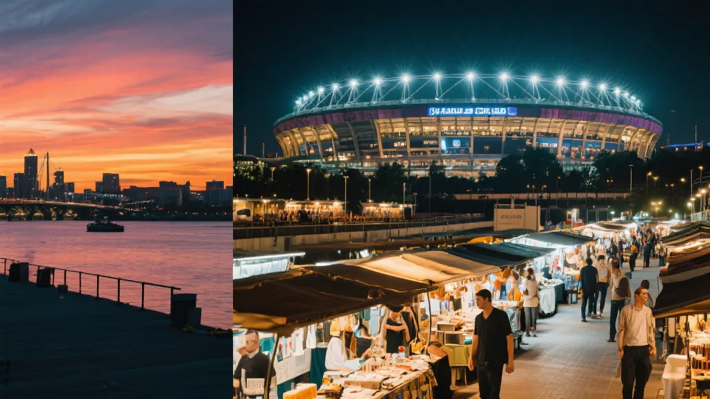 比赛日城市一日游路线示意，白天街区漫步到夜晚球场灯光的氛围
